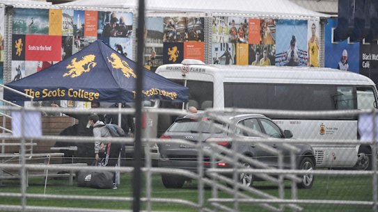 Scots College students wearing plain clothes boarded buses on the schools’ grounds in Bellevue Hill. 