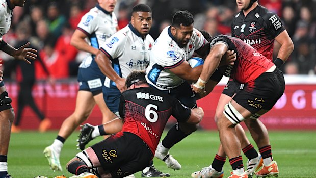 CHRISTCHURCH, NEW ZEALAND - APRIL 24: Folau Faingaa of the Waratahs is tackled during the round 11 Super Rugby match between Crusaders and NSW Waratahs at One NZ Stadium, on April 24, 2026, in Christchurch, New Zealand. (Photo by Joe Allison/Getty Images)