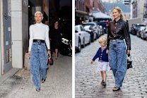 The barrel jean at Paris Fashion week, left; and right, New York Fashion week this year.