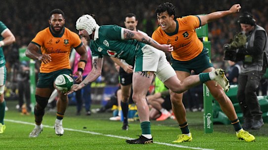 Mack Hansen in action for Ireland against Australia.
