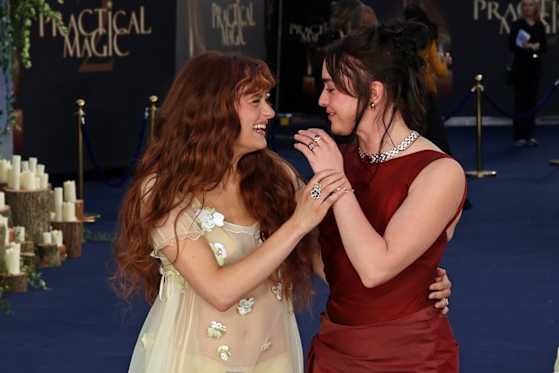 Joey King and Maisie Williams at the Practical Magic 2 European Premiere at the Odeon Luxe Leicester Square on August 26, 2026 in London, England.