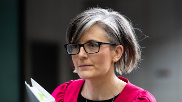 One of Gladys Berejiklian’s barristers, Sophie Callan, SC, outside the ICAC on Wednesday.