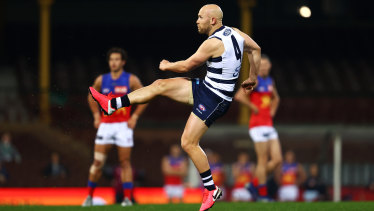 Gary Ablett kicks a goal for the Cats in their big win over Brisbane.