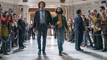 Trial of the Chicago 7 with Sacha Baron Cohen as Abbie Hoffman and Jeremy Strong as Jerry Rubin.