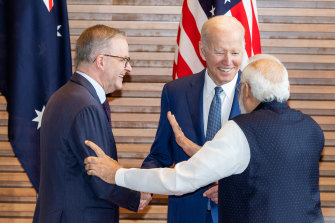 The welcome for Albanese was all in the body language of his counterparts - US President Joe Biden and Indian Prime Minister Narendra Modi.
