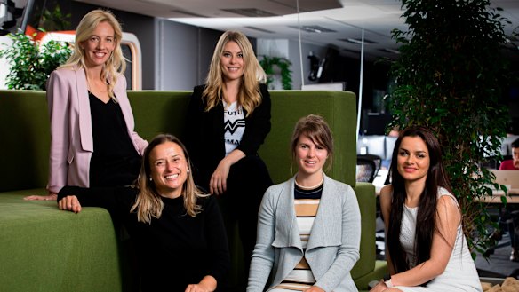 Kim Jackson (left) of Skip Capital with the founders of the female-led start-ups she has invested in: Katherine McConnell, Gemma Lloyd, Megan Elizabeth and Maryam Sadeghi. 