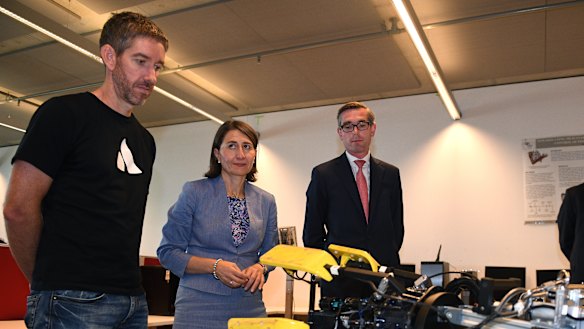 NSW Premier Gladys Berejiklian, Treasurer Dominic Perrottet (right) and Atlassian co-CEO Scott Farquhar visit UTS in Sydney.