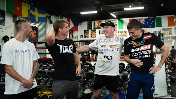 Sam Goodman, Nikita Tszyu, Paul Gallen and Harry Garside at Bondi Boxing Club.