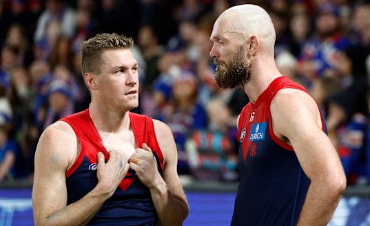 Melbourne veterans Tom McDonald (left) and Max Gawn do some soul searching after their demoralising loss to the Western Bulldogs.