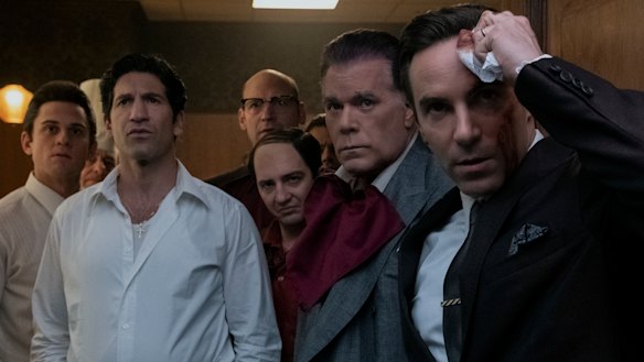 Billy Magnussen, Jon Bernthal, Corey Stoll, John Magaro, Ray Liotta and Allesandro Nivola in The Many Saints of Newark.