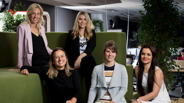 Kim Jackson (left) of Skip Capital with the founders of the female-led start-ups she has invested in: Katherine McConnell, Gemma Lloyd, Megan Elizabeth and Maryam Sadeghi. 