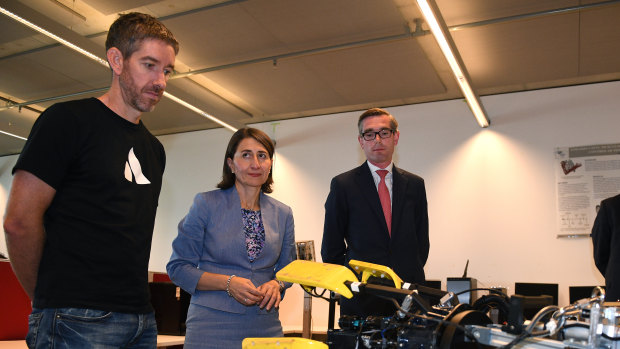 NSW Premier Gladys Berejiklian, Treasurer Dominic Perrottet (right) and Atlassian co-CEO Scott Farquhar visit UTS in Sydney.