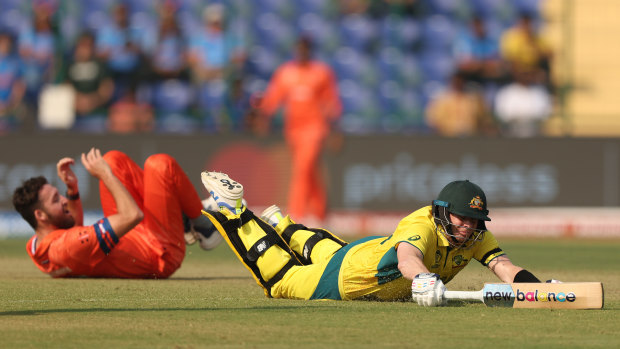 Steve Smith dives to avoid a run-out against the Netherlands.