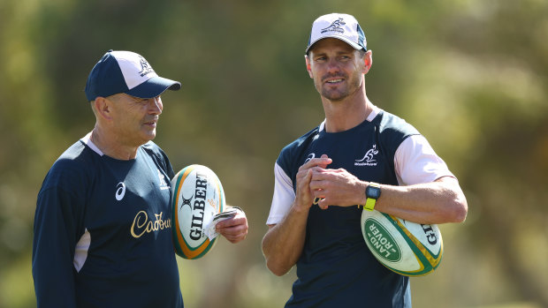 Eddie Jones and Berrick Barnes at Wallabies training this week. 