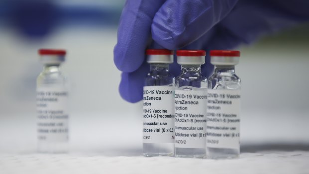 The AstraZeneca vaccine, seen here in bottles at the TGA laboratory in Canberra.