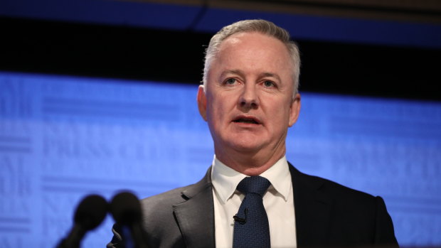 Nine CEO Hugh Marks speaks about press freedom  at the National Press Club in Canberra on Wednesday.
