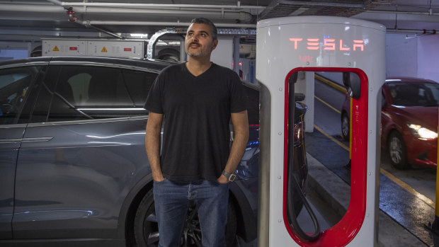 Industrial designer Rabah Maraby has sights on a Sydney to Gold Coast drive this weekend with just two recharge stops planned for his Tesla EV after plugging into Mirvac's recharge centre in Broadway.