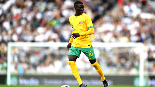 Garang Kuol in action for the Socceroos against New Zealand.