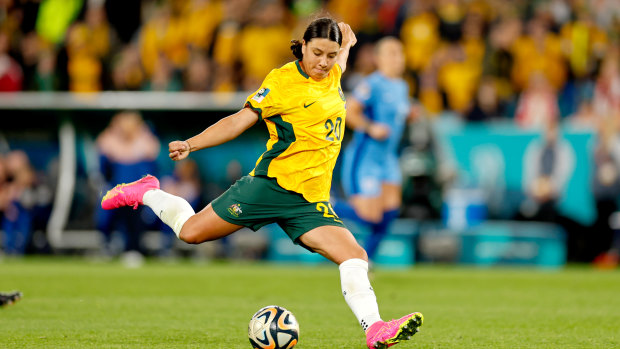 Sam Kerr scores against England in the 2023 Women’s World Cup.