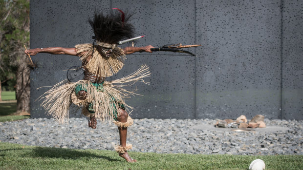 A dancer from the Sarpeye Dancers, Charlie Company, 51st Battalion, Far North Queensland Regiment.