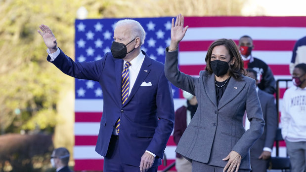 US President Joe Biden and Vice-President Kamala Harris in Atlanta, Georgia on Tuesday.