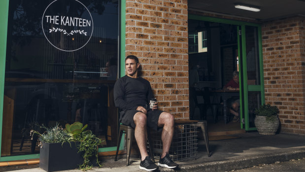 Cool beans: Brad Fittler at his wife Marie's coffee shop at Warriewood.