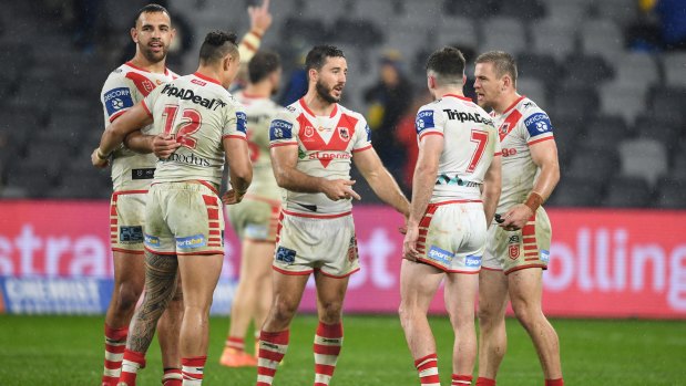 St George Illawarra Dragons players during the win against Parramatta last week.