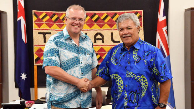 Tuvalu's Prime Minister Enele Sopoaga meets with Australia's Prime Minister Scott Morrison in Funafuti.