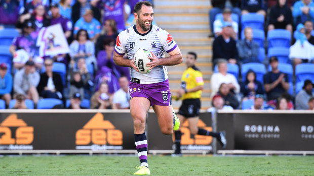Cameron Smith saunters over for his first try since round 12 last season in the Storm's Sunday win over the Titans.