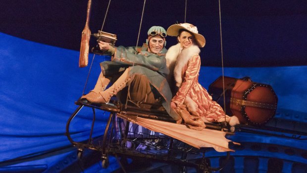 James Gonzalez Correa (Rola Bola) and Lana Cencic (Bella Donna) take flight in  Cirque Du Soleil: Kurios. 