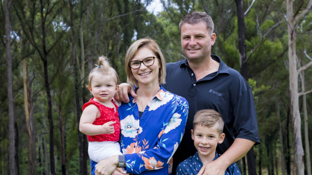 Erin and Adrian Maher with their children Mahli, 1, and Nate, 6, at home in Malua Bay.