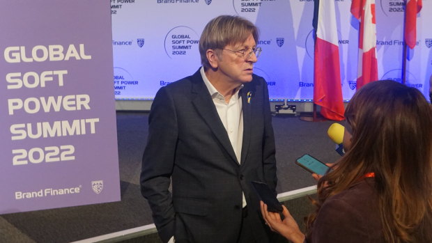 Former Belgian Prime Minister and current Member of the European Parliament Guy Verhofstadt speaks to journalists at Brand Finance’s Global Soft Power Summit in London on Tuesday, March 15, 2022.