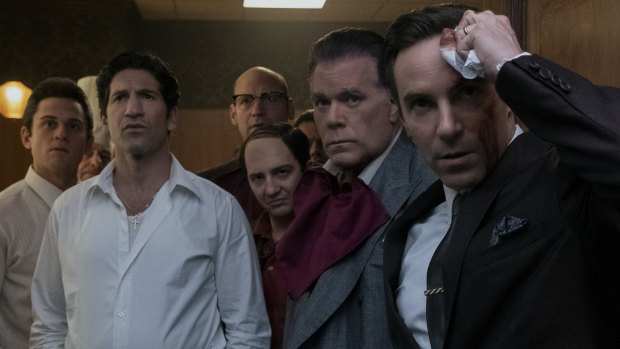 Billy Magnussen, Jon Bernthal, Corey Stoll, John Magaro, Ray Liotta and Allesandro Nivola in The Many Saints of Newark.