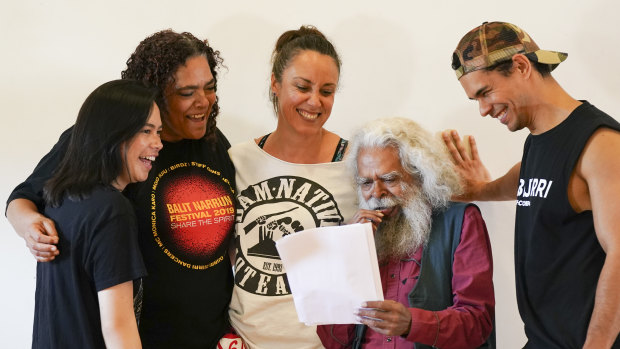 From left, Tuakoi Ohia, Lisa Maza, Lana Garland, Uncle Jack Charles and Mark Coles  Smith during rehearsals.