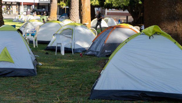 About 50 tents have been pitched in Pioneer Park in Fremantle for homeless people.