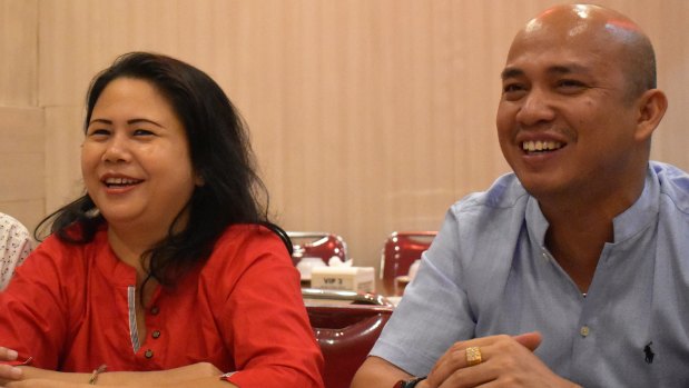 Meliana and her lawyer Ranto Sibarani (right) celebrate her release on parole in May 2019 following her 18 month blasphemy conviction. 