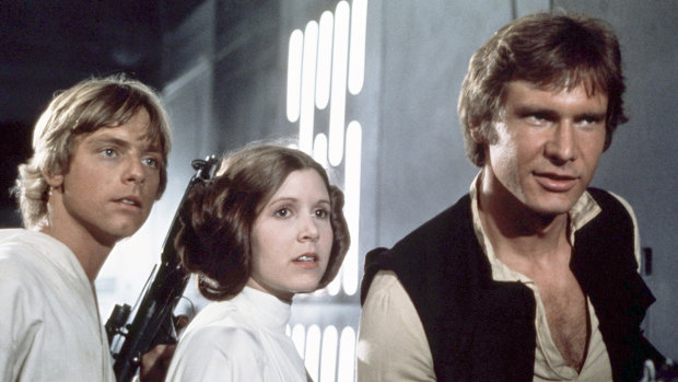  Mark Hamill, from left, as Luke Skywalker, Carrie Fisher as Princess Leia Organa, and Harrison Ford as Hans Solo in the original 1977 <Star Wars: Episode IV - A New Hope.? 
