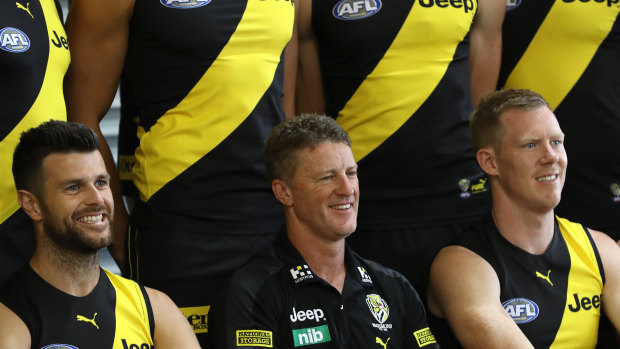 The Tigers in 2020: Trent Cotchin, coach Damien Hardwick and Jack Riewoldt.