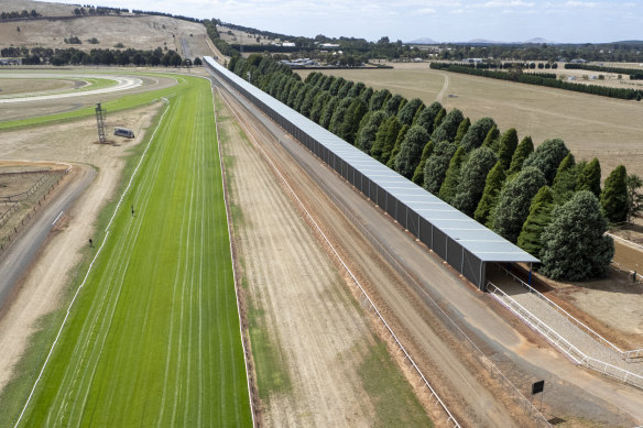 An aerial view of the new, incomplete, uphill woodchip training track at Ballarat Turf Club. 