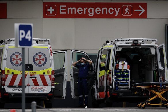 Paramedics at Nepean Hospital on Sunday.