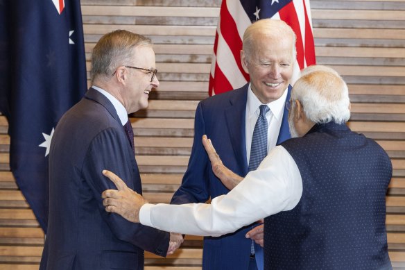 Albanese, Biden and Modi share a laugh during the group photo at the Quad leaders’ meeting.