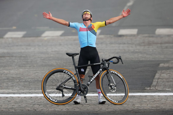 Remco Evenepoel celebrates his road race win.