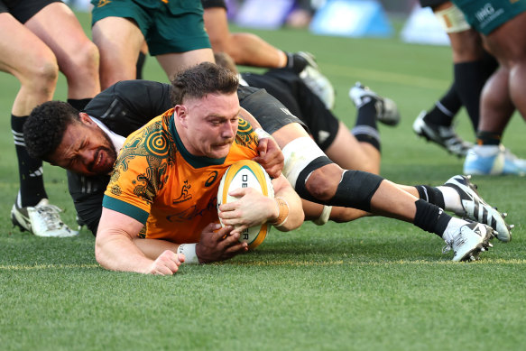 Cup aim … Matt Faessler scores against the All Blacks.
