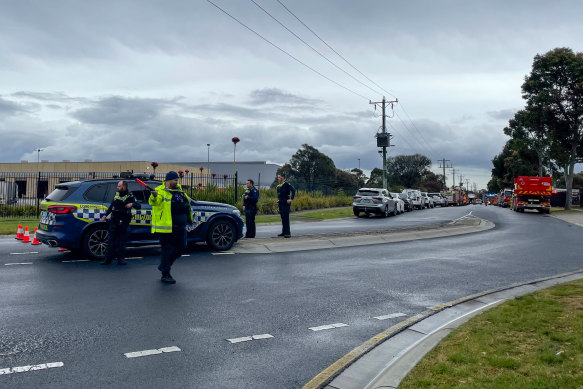 Emergency services at the scene of the chemical fire in Derrimut on Thursday.