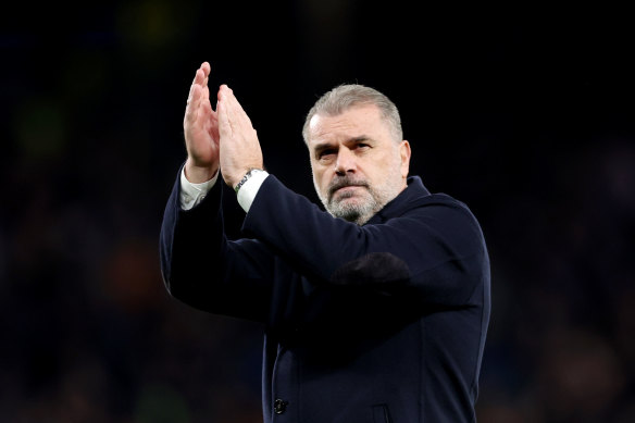 Ange Postecoglou applauds the fans after Tottenham’s win.