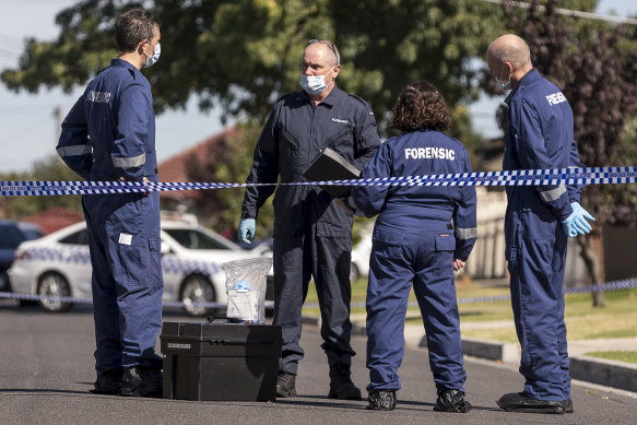 Police near the scene of the 2018 murder in in Sunshine North, which described as a “bloodbath”.