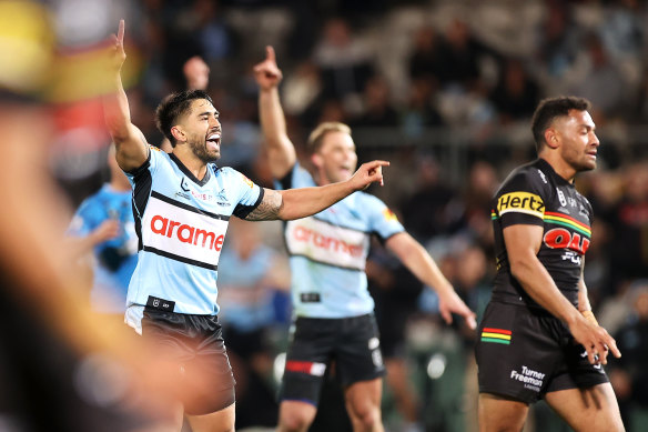Shaun Johnson celebrates his match-winning field goal for Cronulla.