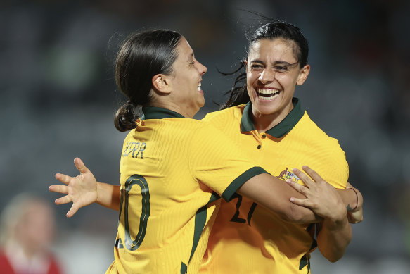 Sam Kerr celebrates a goal with Alex Chidiac during Australia’s 4-0 thumping of Czechia during last year’s Cup of Nations.