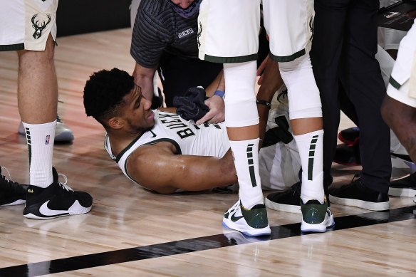 NBA MVP Giannis Antetokounmpo scored 19 points in just 11 minutes before he was forced from the court.