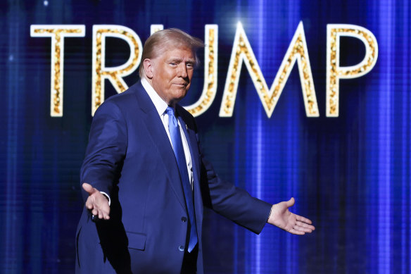 President-elect Donald Trump takes the stage before receiving the Fox Nation Patriot of the Year award, in Greenvale, NY, on Thursday.